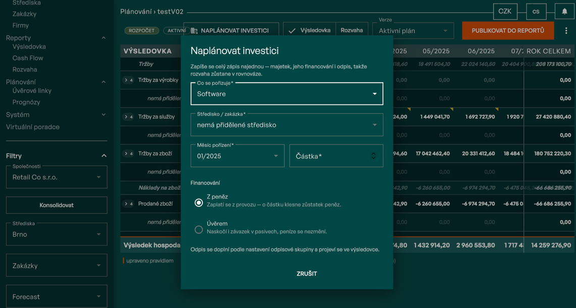 Dialog Naplánovat investici v plánovacím nástroji NETTINO: co se pořizuje, středisko, měsíc pořízení, částka a způsob financování